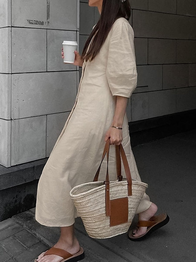 Women's Shirt Dress Casual Dress Cotton Dress Maxi long Dress Cotton Fashion Classic Outdoor Daily Vacation V Neck Backless Button 3/4 Length Sleeve Fall Winter Autumn  Regular Fit Apricot Plain