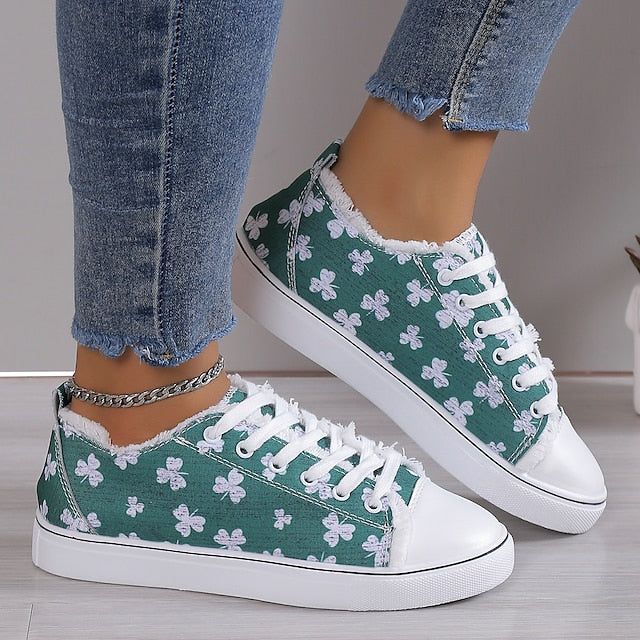 Women's Sneakers Plus Size Canvas Shoes Outdoor Daily Flat Heel Round Toe Sporty Casual Walking Shoes Canvas Lace-up Floral Dark Grey White Yellow