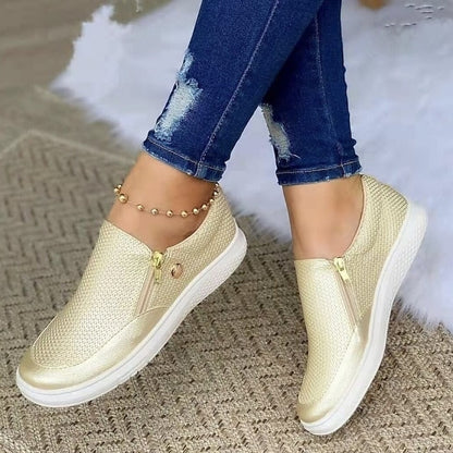 Women's Sneakers Plus Size Slip-on Sneakers White Shoes Outdoor Daily Flat Heel Round Toe Basic Casual Minimalism Walking Shoes Mesh Zipper Solid Color Black White Gold