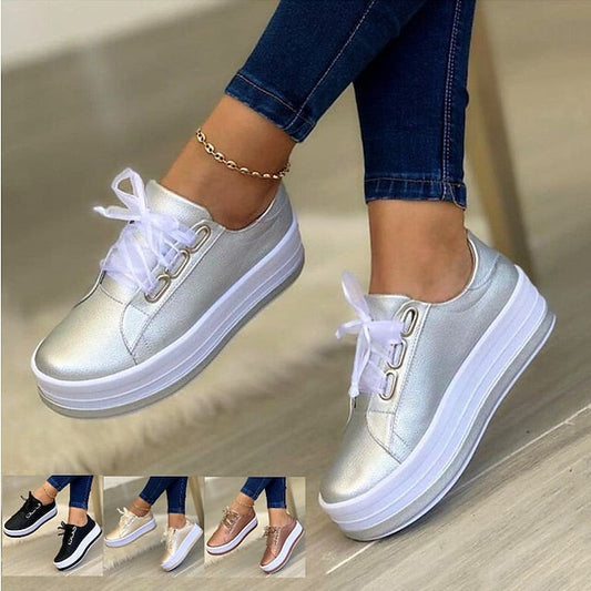 Women's Sneakers Plus Size Platform Sneakers White Shoes Daily Summer Spring Fall Platform Flat Heel Round Toe Sporty Casual Walking Shoes PU Lace-up Solid Color Silver Dark Red Black