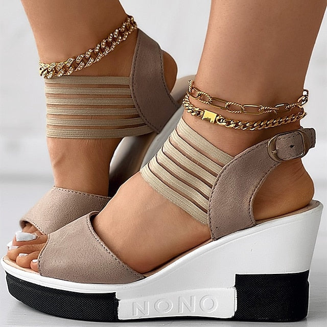 Women's Sandals Comfort Shoes Daily Wedge Heel Open Toe Fashion Casual Satin Ankle Strap Solid Color Black Brown khaki