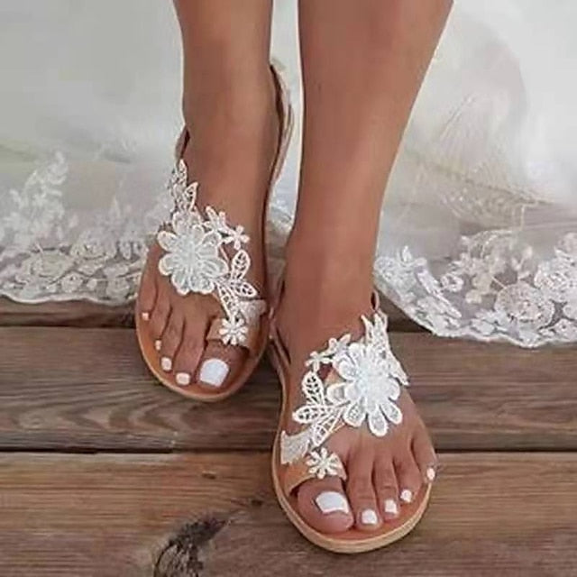 Women's Sandals Boho Bohemia Beach Plus Size Outdoor Beach Flower Flat Heel Cute Elegant Faux Leather Loafer Solid Color Black White