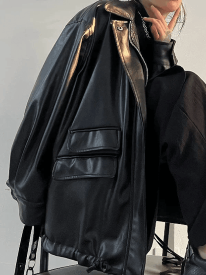 Oversized Black Faux Leather Jacket