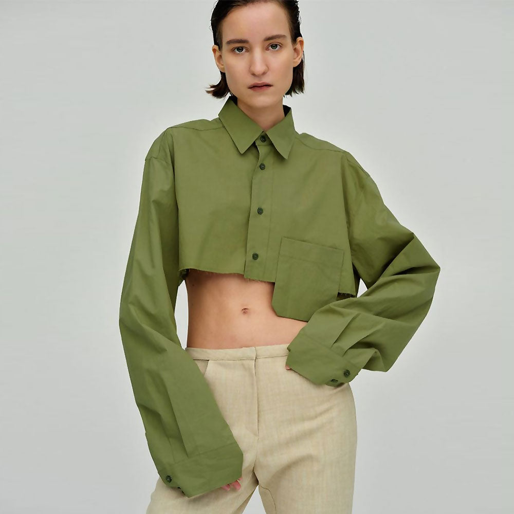 Long Sleeve Button Down Pointed Collar Cropped Shirt - Green