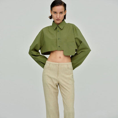 Long Sleeve Button Down Pointed Collar Cropped Shirt - Green