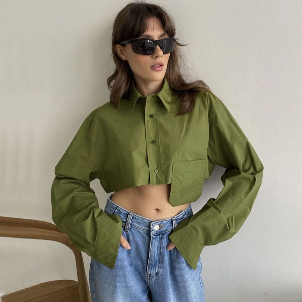 Long Sleeve Button Down Pointed Collar Cropped Shirt - Green