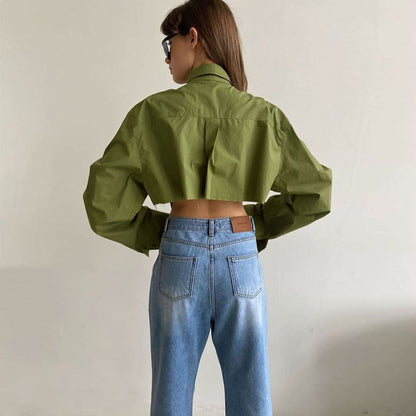 Long Sleeve Button Down Pointed Collar Cropped Shirt - Green