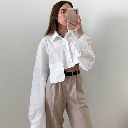 Long Sleeve Button Down Pointed Collar Cropped Shirt - White