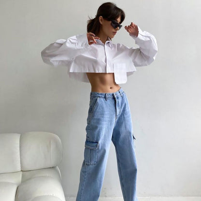 Long Sleeve Button Down Pointed Collar Cropped Shirt - White