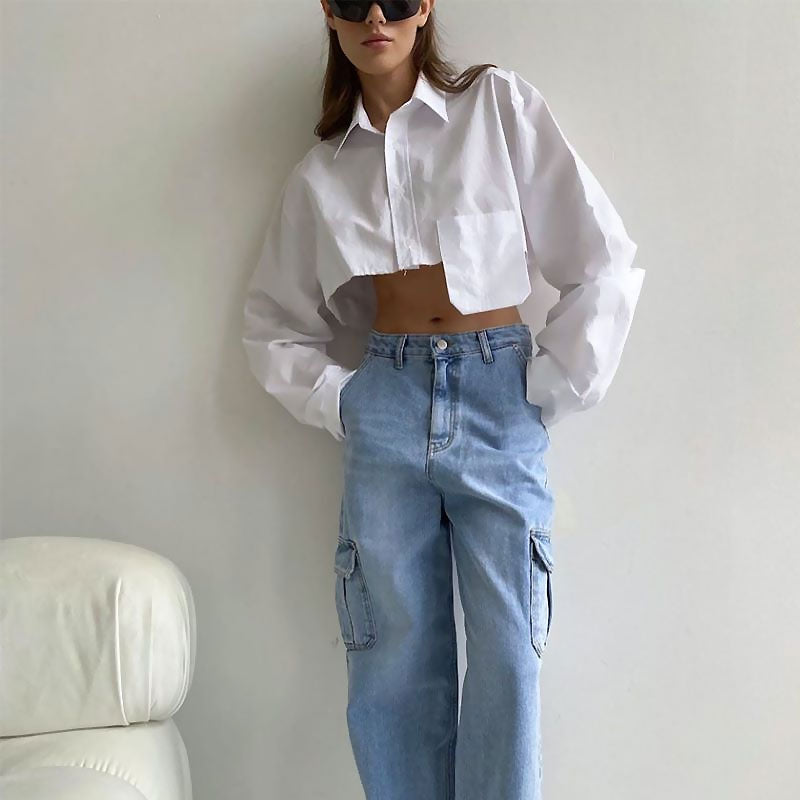 Long Sleeve Button Down Pointed Collar Cropped Shirt - White