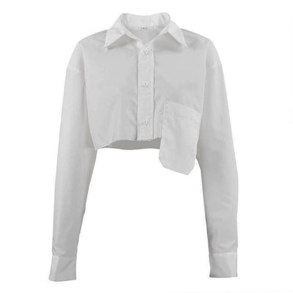 Long Sleeve Button Down Pointed Collar Cropped Shirt - White