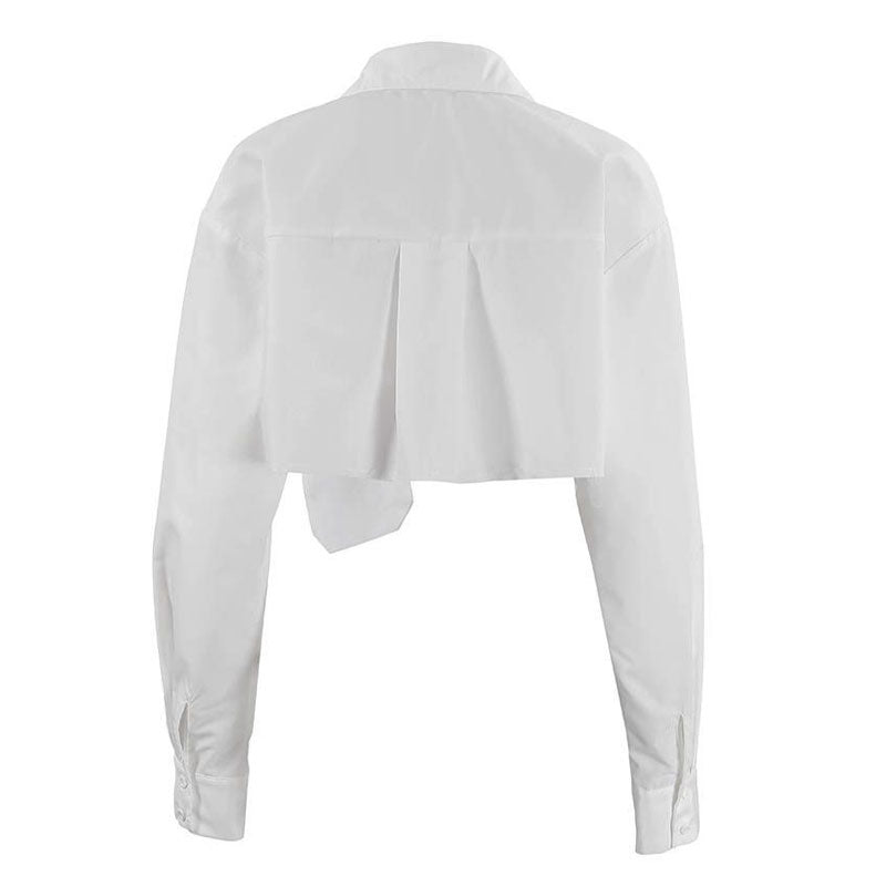 Long Sleeve Button Down Pointed Collar Cropped Shirt - White