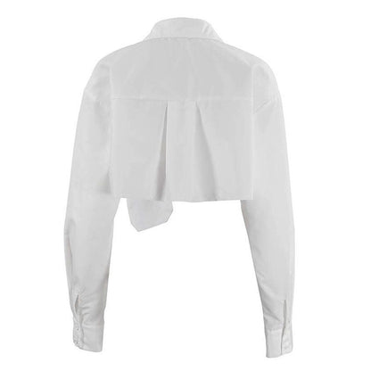 Long Sleeve Button Down Pointed Collar Cropped Shirt - White