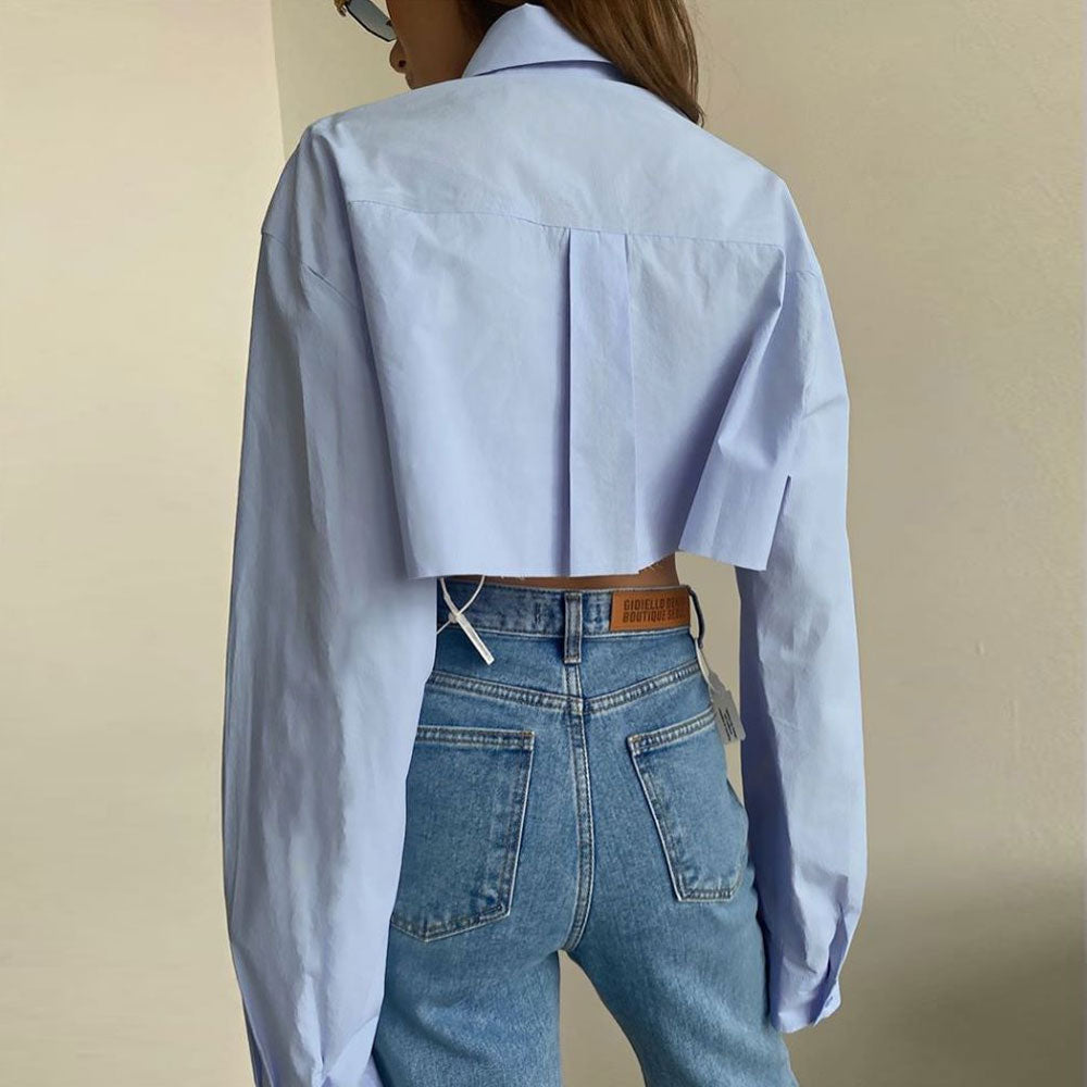 Long Sleeve Button Down Pointed Collar Cropped Shirt - Baby Blue