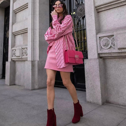 Stripe Print Button Down Long Sleeve Pointed Collar Shirt - Pink