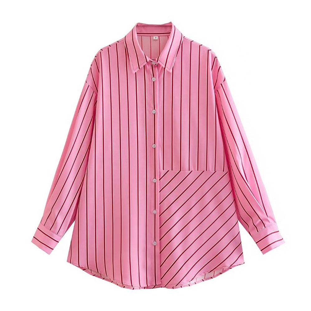 Stripe Print Button Down Long Sleeve Pointed Collar Shirt - Pink