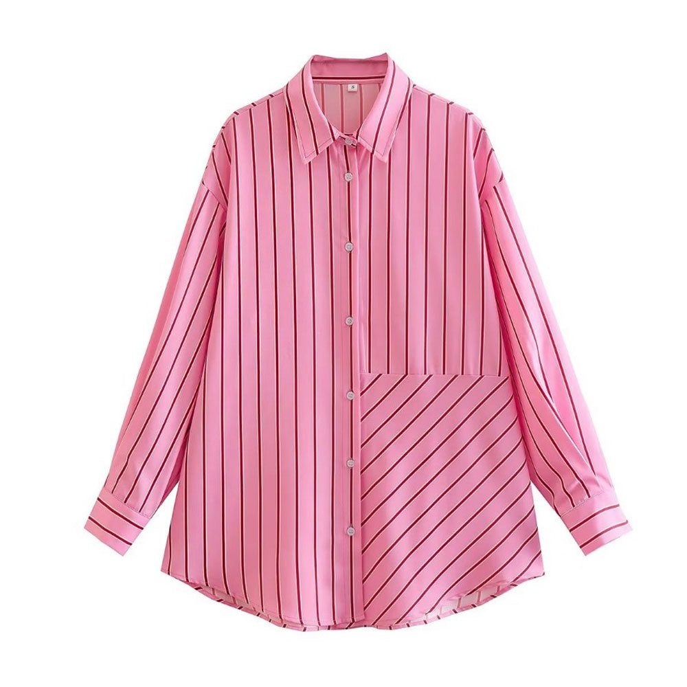 Stripe Print Button Down Long Sleeve Pointed Collar Shirt - Pink