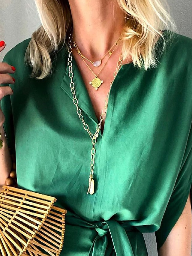 Women's Casual Dress Loose Dress Mini Dress Polyester Fashion Daily Outdoor Daily Vacation V Neck Lace up Half Sleeve Fall Autumn  Loose Fit Green Plain S M L XL