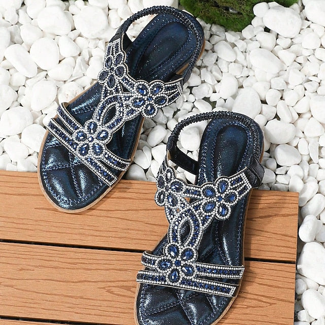 Women's Sandals Flat Sandals Outdoor Beach Summer Rhinestone Flat Heel Elegant Casual Minimalism Microfiber Elastic Band Silver Black White