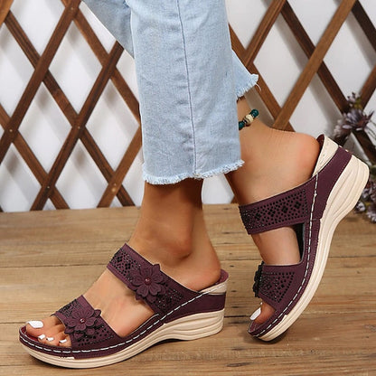 Women's Sandals Boho Bohemia Beach Wedge Sandals Comfort Shoes Outdoor Daily Beach Summer Flower Wedge Heel Round Toe Open Toe Casual Minimalism Walking Shoes PU Leather Faux Leather Loafer Solid