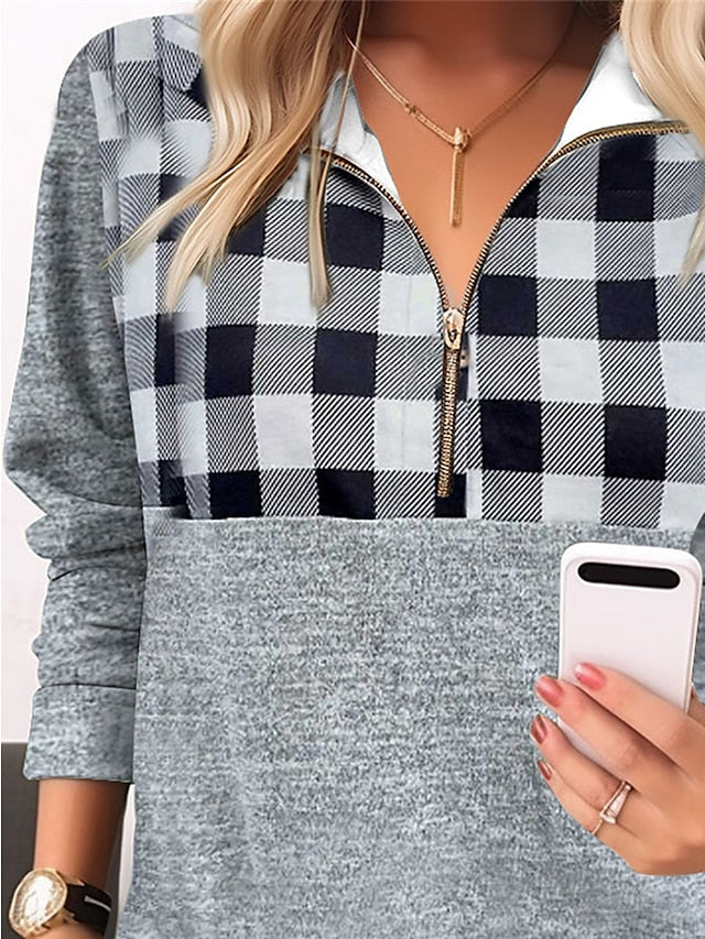 Women's Sweatshirt Pullover Streetwear Quarter Zip Gray Plaid Casual V Neck Long Sleeve Top Micro-elastic Fall & Winter