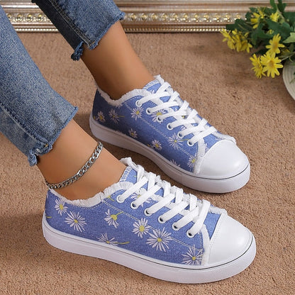 Women's Sneakers Plus Size Canvas Shoes Outdoor Daily Flat Heel Round Toe Sporty Casual Walking Shoes Canvas Lace-up Floral Dark Grey White Yellow