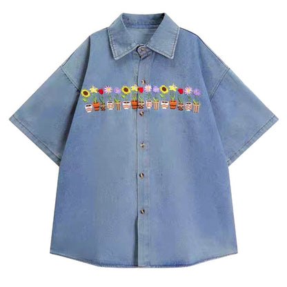 Plants & Pots Embroidery Denim Shirt