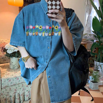 Plants & Pots Embroidery Denim Shirt