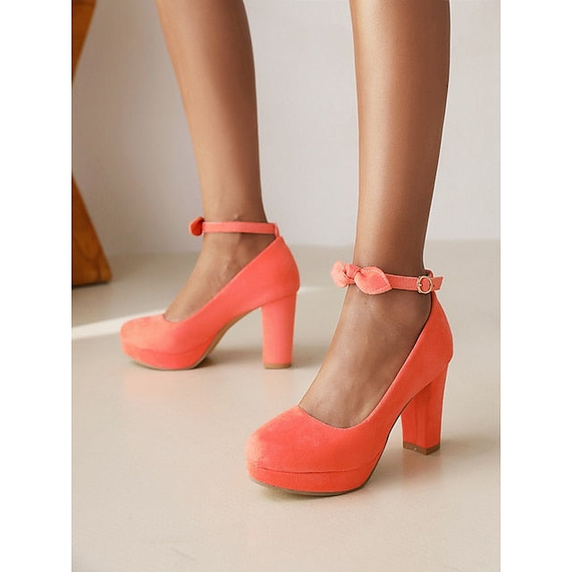 Women's Heels Dress Shoes Party Daily Club Summer Bowknot Buckle Chunky Heel Round Toe Cute Elegant Casual Suede Ankle Strap Solid Color Solid Colored Black Red Orange