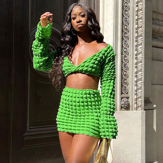 Ruched Twist Crop Top Bodycon Mini Skirt Matching Set - Green