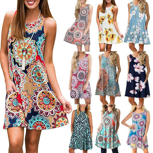 lovwvol Women Beach Dress Summer Casual T Shirt Dresses Printed Tank Sexy Mini Dress Casual Beach Party Sundress Beach Cover Up