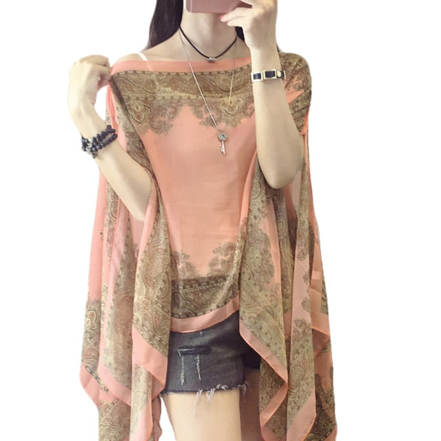 Summer Woman Chiffon Fabala Flower Shawl Loose Cover Ups Long Sleeve Shirts Thin Plus Size Scarf Blouses Sun Protection Shawl