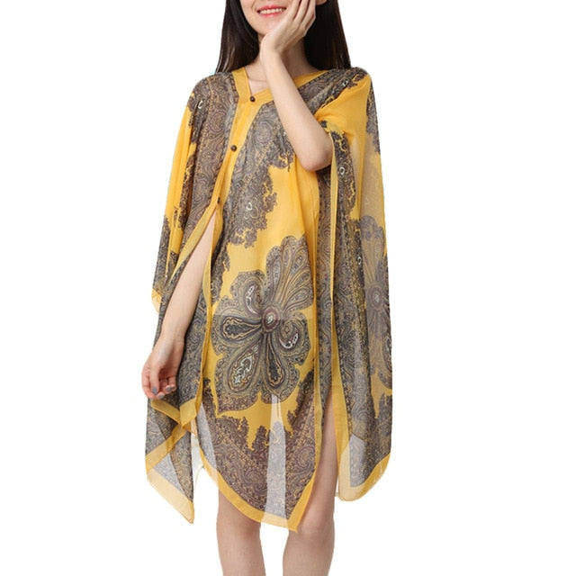 Summer Woman Chiffon Fabala Flower Shawl Loose Cover Ups Long Sleeve Shirts Thin Plus Size Scarf Blouses Sun Protection Shawl