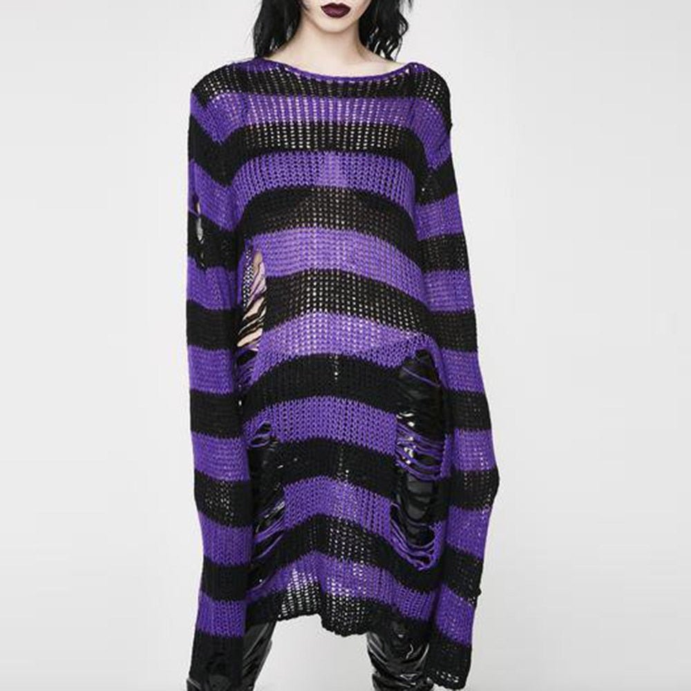 lovwvol Halloween 200 Gothic Knitted Sweater Women Long Pullovers Striped Loose Winter Ripped Plus Size Sweaters Jumpers Mujer Jersey