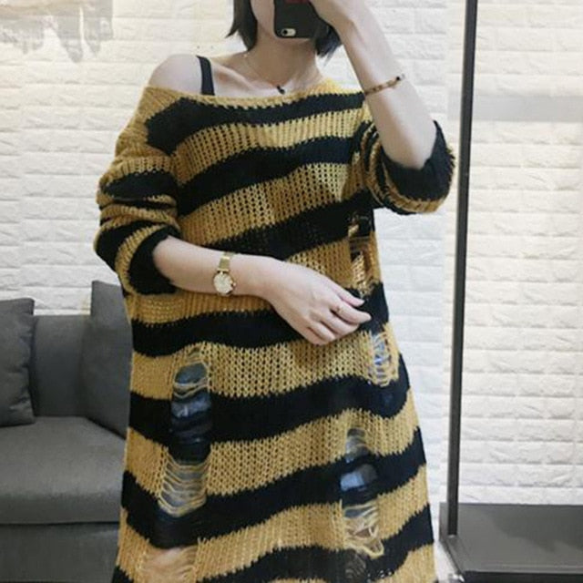 lovwvol Halloween 200 Gothic Knitted Sweater Women Long Pullovers Striped Loose Winter Ripped Plus Size Sweaters Jumpers Mujer Jersey