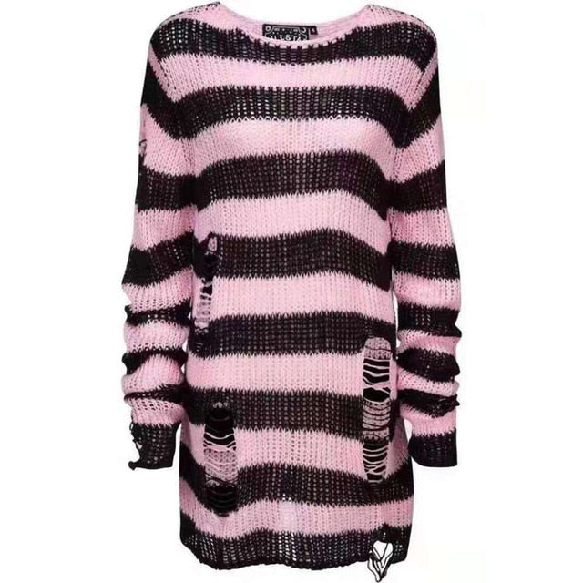 lovwvol Halloween 200 Gothic Knitted Sweater Women Long Pullovers Striped Loose Winter Ripped Plus Size Sweaters Jumpers Mujer Jersey