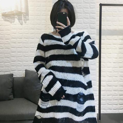 lovwvol Halloween 200 Gothic Knitted Sweater Women Long Pullovers Striped Loose Winter Ripped Plus Size Sweaters Jumpers Mujer Jersey