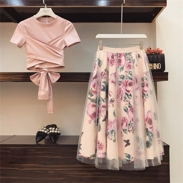 HIGH QUALITY Women Irregular T Shirt+Mesh Skirts Suits Bowknot Solid Tops Vintage Floral Skirt Sets Elegant Woman Two Piece Set