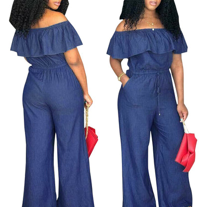 New Casual Women&#39;s Bodycon Jumpsuit Lace up Solid Jeans Denim Summer Short Sleeve Rompers Overalls Trousers Pants