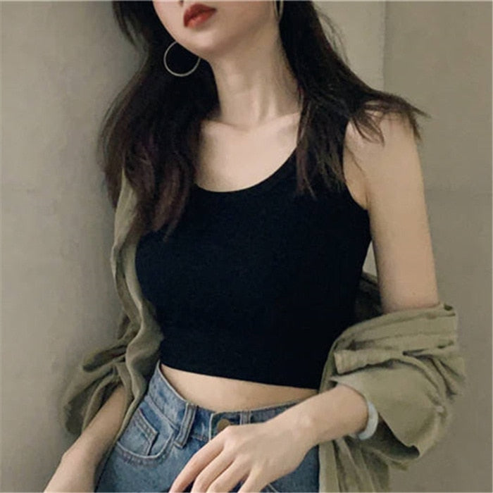 lovwvol White Knitted Round Neck Women T-shirt Sexy Sleeveless Camisole Crop Top Woman Tight Stretch Tank Top Ladies Tee Top Streetwear