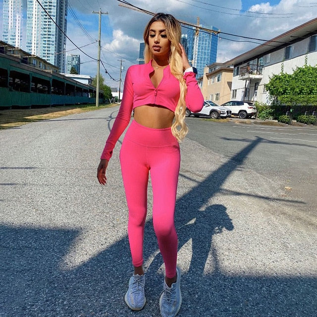 Winter Women 2 Two Piece Set Long Sleeve Crop Tops Tshirt Leggings Pants Set Bodycon Sport Fitness Tracksuit