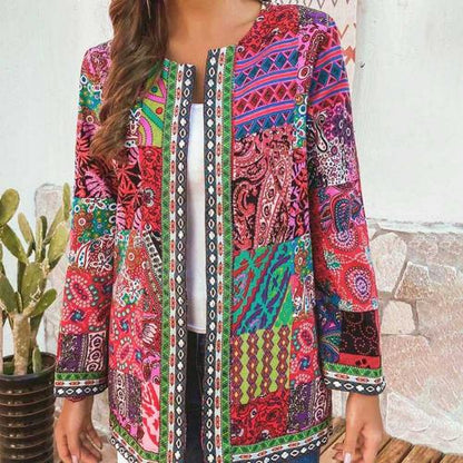 6XL Jacket Coat Women Fashion Autumn Winter Ethnic Floral Print Long Sleeve Loose Jacket Coat Cardigan Loose Outerwear Chic Top