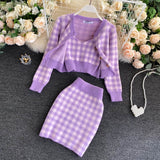 Korean Sweet Knit Plaid Cardigans + Camisole + Skirts 3pcs Sets Girls Short Sweater Coat + Vest + Mini Skirt Suits Women Outfits