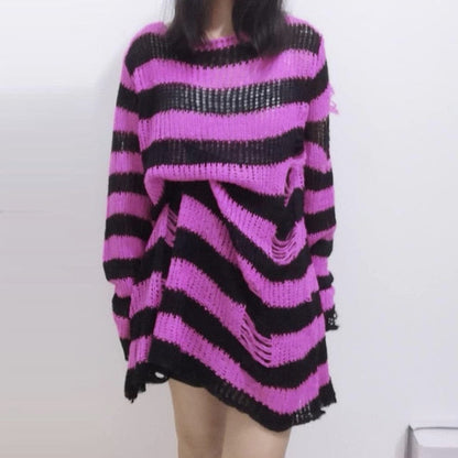 lovwvol Halloween 200 Gothic Knitted Sweater Women Long Pullovers Striped Loose Winter Ripped Plus Size Sweaters Jumpers Mujer Jersey