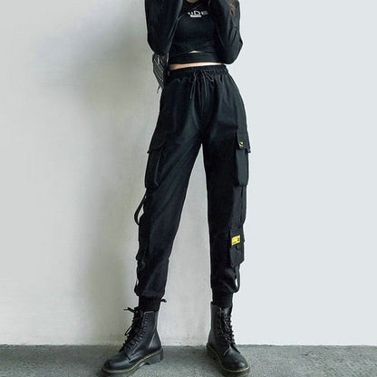 lovwvol Streetwear Cargo Pants Women Casual Joggers Black High Waist Loose Female Trousers Korean Style Ribbon Ladies Pants Dropshipping