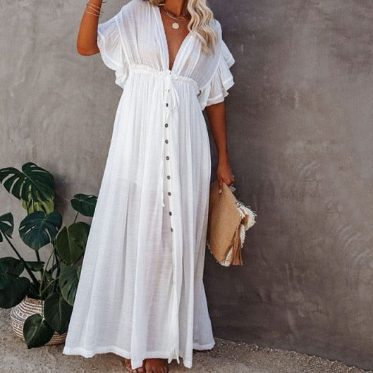 Sexy Deep V Neck Maxi Dress women Backless White Cotton Boho dresses Summer Ruffles Casual beach Bikini Cover Up