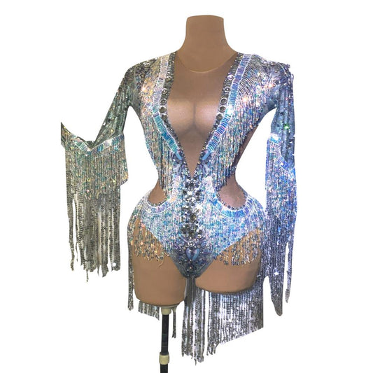 Sparkling Silver Rhinestone Sequin Tassel Party Bodysuit Women Stretch Dance Fringes Jumpsuit Club Bar Singer Leotard Stage Wear