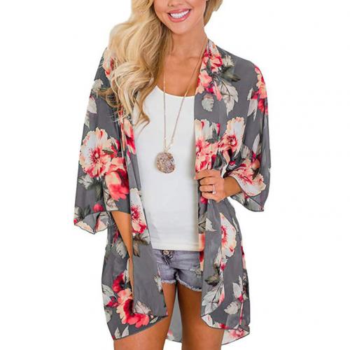 Women Floral Leopard Print Half Sleeve Shawl Chiffon Kimono Beach Cardigan Bikini Cover Up Wrap Beachwear Outdoor Anti-UV Coat