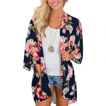 Women Floral Leopard Print Half Sleeve Shawl Chiffon Kimono Beach Cardigan Bikini Cover Up Wrap Beachwear Outdoor Anti-UV Coat