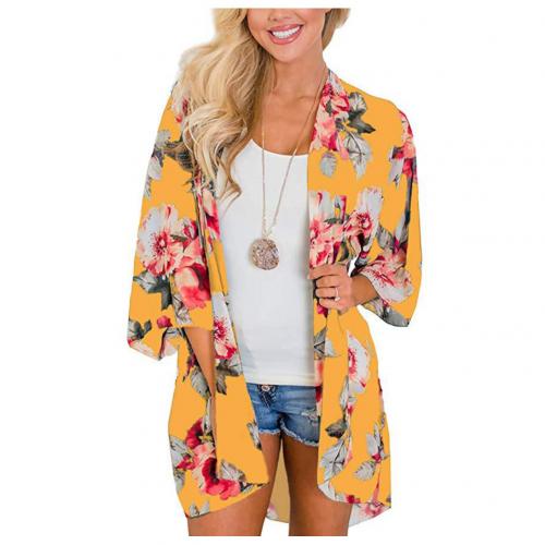 Women Floral Leopard Print Half Sleeve Shawl Chiffon Kimono Beach Cardigan Bikini Cover Up Wrap Beachwear Outdoor Anti-UV Coat